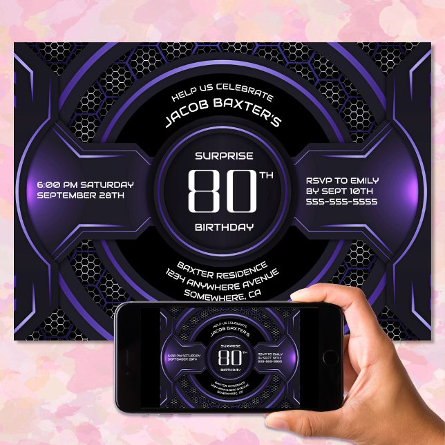 Invitation Black Purple Surprise 80e anniversaire (Créateur téléchargé)