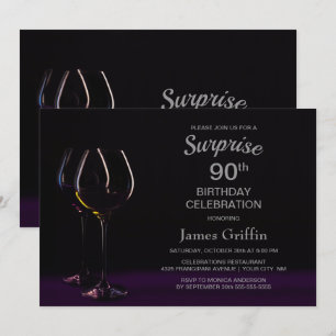Invitation Black Purple Surprise 90e Anniversaire Verre à vin