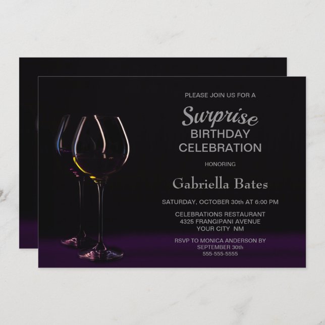 Invitation Black Purple Surprise Anniversaire Vin Glass Party (Devant / Derrière)