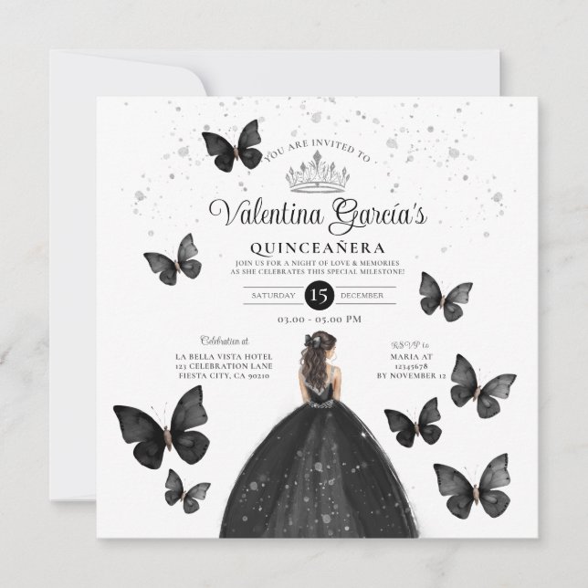 Invitation Black Quinceañera 15 Anos Buttefly Parties scintil (Devant)