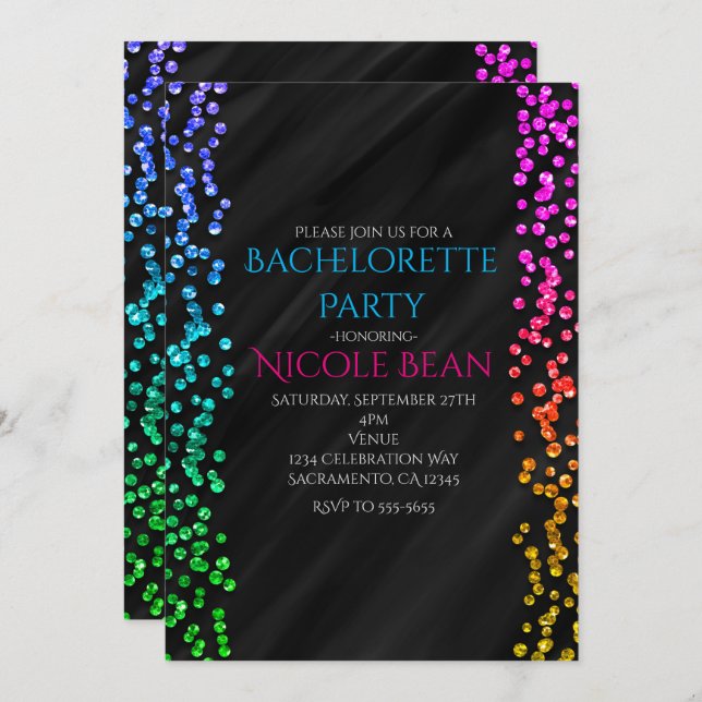 Invitation Black Rainbow Sparkle Parties scintillant Confetti (Devant / Derrière)