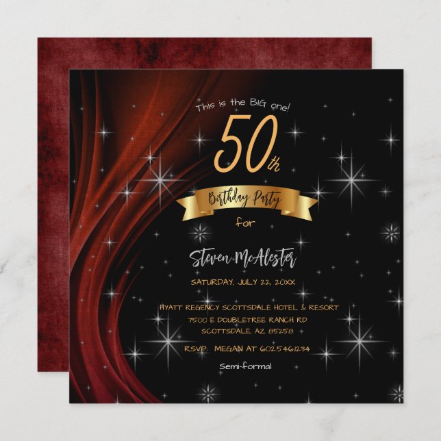 Invitation Black & Red 50th Birthday Party Gold Police (Devant / Derrière)