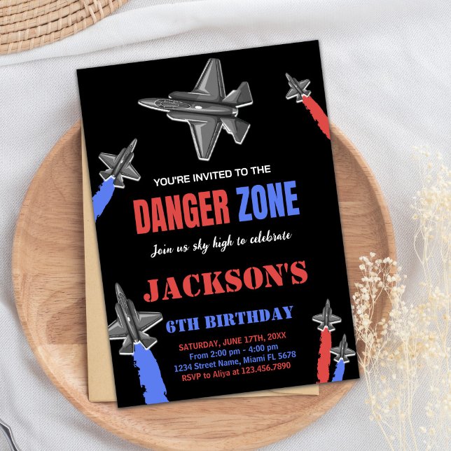 Invitation Black Red Blue Grey Fighter Jet Anniversaire (Black Red Blue Gray Fighter Jet Birthday Invitation)