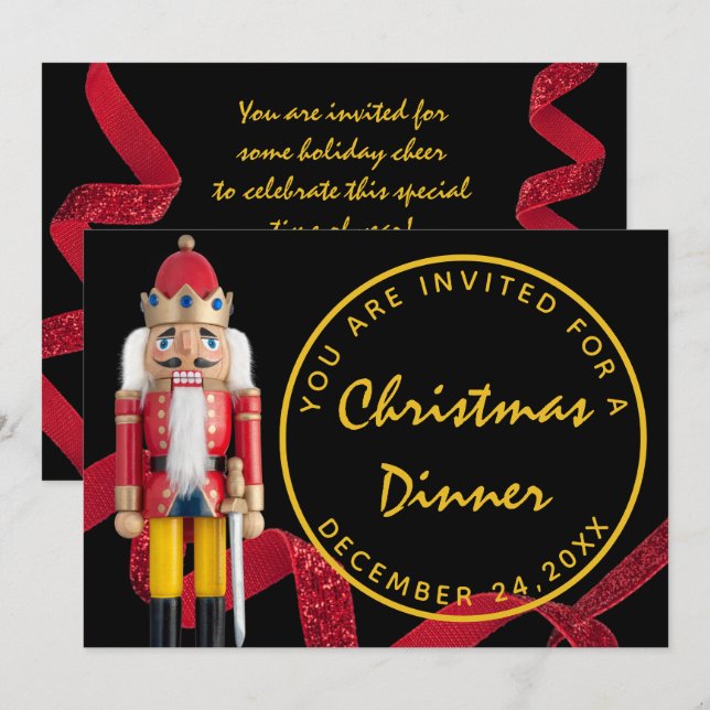 Invitation Black Red Christmas Eve Dinner Gold Nutcracker (Devant / Derrière)