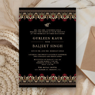 Invitation Black Red Cream  Ikat Anand Karaj Mariage Sikh