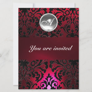 Invitation BLACK & RED DAMASK GEM STONE MONOGRAM bordeaux
