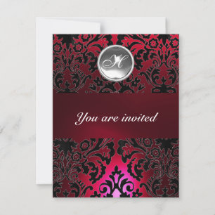 Invitation BLACK & RED DAMASK GEM STONE MONOGRAM bordeaux