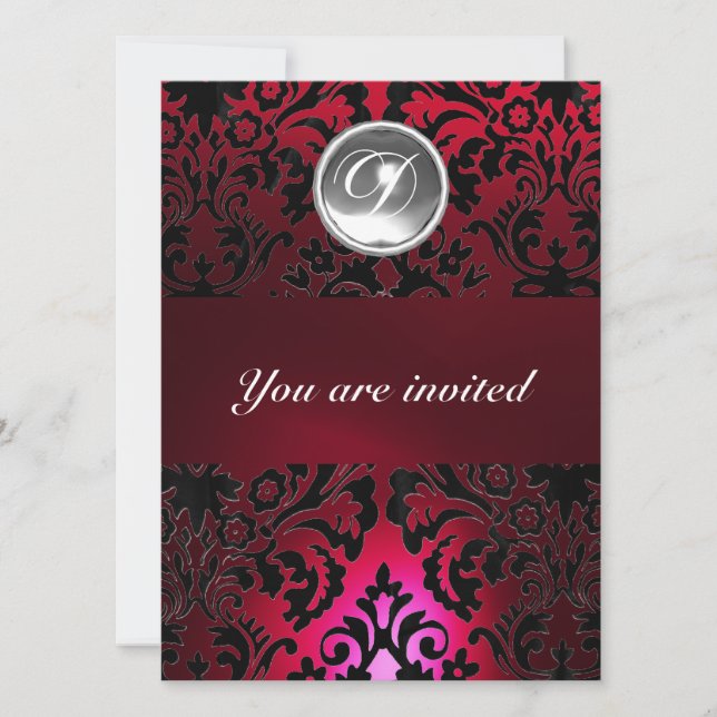 Invitation BLACK & RED DAMASK GEM STONE MONOGRAM bordeaux (Devant)