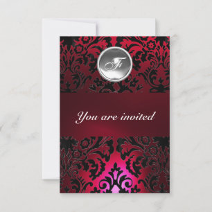 Invitation BLACK & RED DAMASK GEM STONE MONOGRAM bordeaux