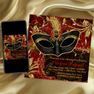 Invitation Black Red et Gold Masquerade Party