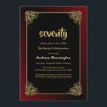 Invitation Black Red Gold 70th Birthday Celebration<br><div class="desc">Invitation Black 70e anniversaire avec un cadre doré orné avec une bordure extérieure à l'ombre rouge pour compléter le design créant une invitation dynamique pour votre occasion spéciale.</div>