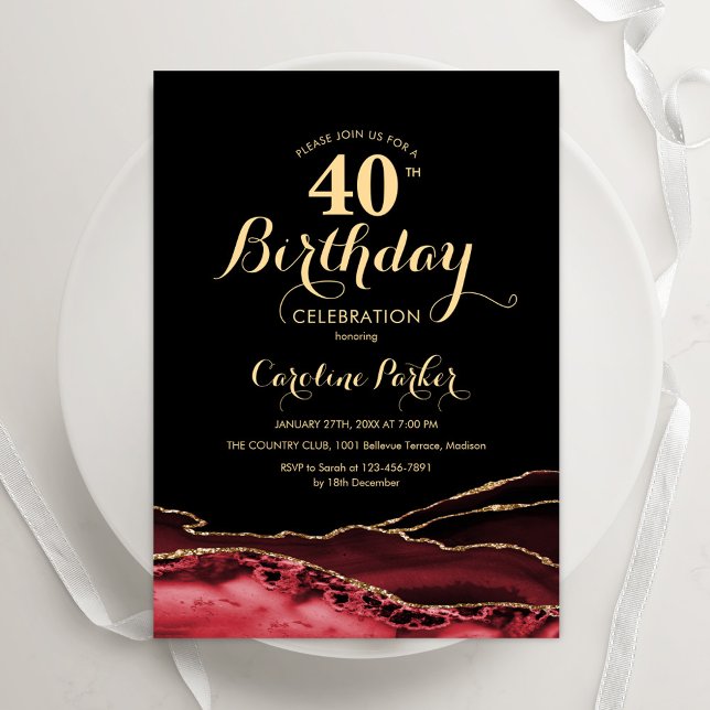 Invitation Black Red Gold Agate 40e anniversaire (Créateur téléchargé)