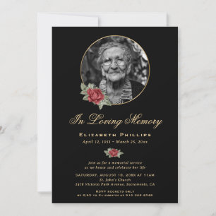 Invitation Black Red Gold Floral Photo Memorial Service