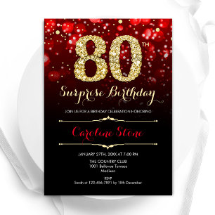 Invitation Black Red Gold Surprise 80e anniversaire