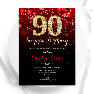 Invitation Black Red Gold Surprise 90e anniversaire