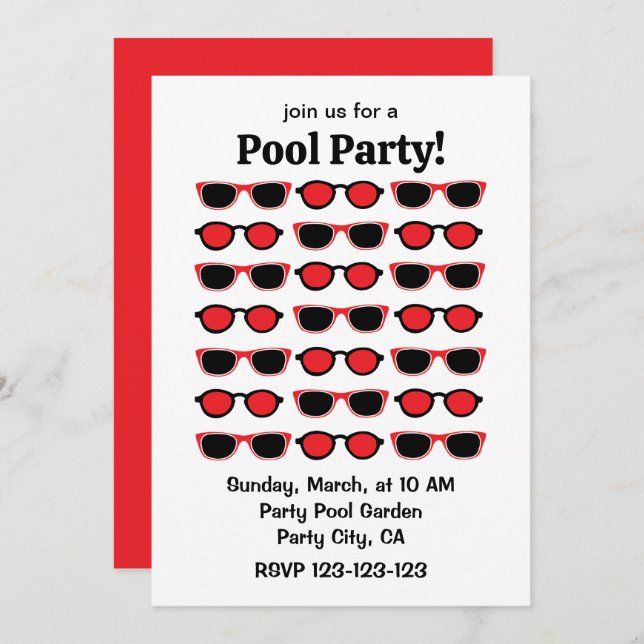 Invitation Black Red Lunettes de soleil Summer Pool Party (Devant / Derrière)