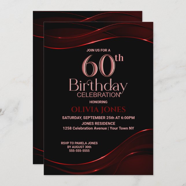 Invitation Black Red moderne 60th Birthday Party (Devant / Derrière)