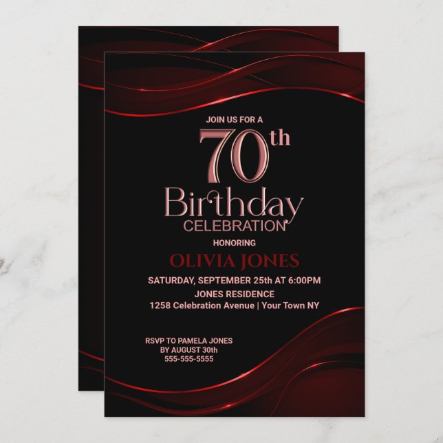Invitation Black Red moderne 70th Birthday Party (Devant / Derrière)