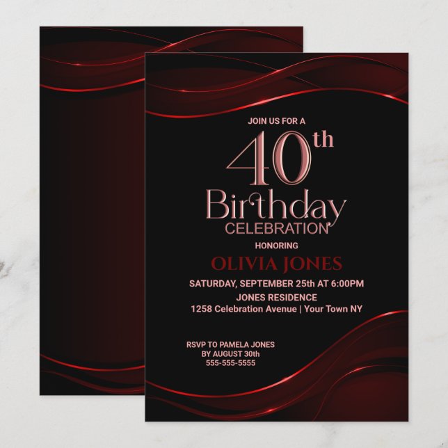 Invitation Black Red moderne fête d'anniversaire 40th (Devant / Derrière)