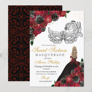 Invitation Black Red Princess Tiara Masquerade Sweet 16