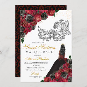 Invitation Black Red Princess Tiara Masquerade Sweet 16