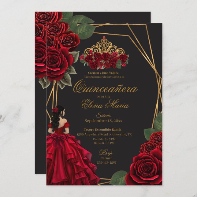 Invitation Black Red Roses Gold Princesse Quinceañera (Devant / Derrière)