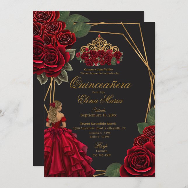Invitation Black Red Roses Gold Princesse Quinceañera (Devant / Derrière)