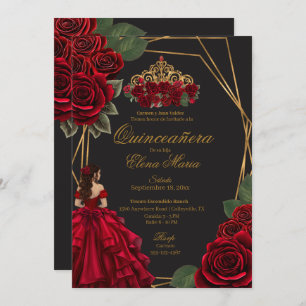 Invitation Black Red Roses Gold Princesse Quinceañera
