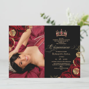 Invitation Black Red Roses Princess Quinceañera 