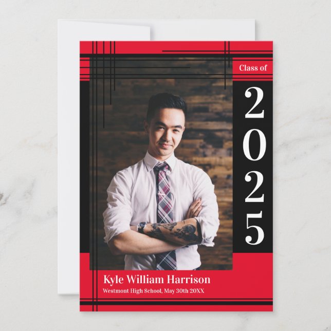 Invitation Black Red School Couleur Graduation Photo Plaid (Devant)