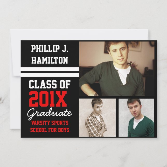 Invitation Black/Red Sporty Boys 3 Photo Graduation (Devant)