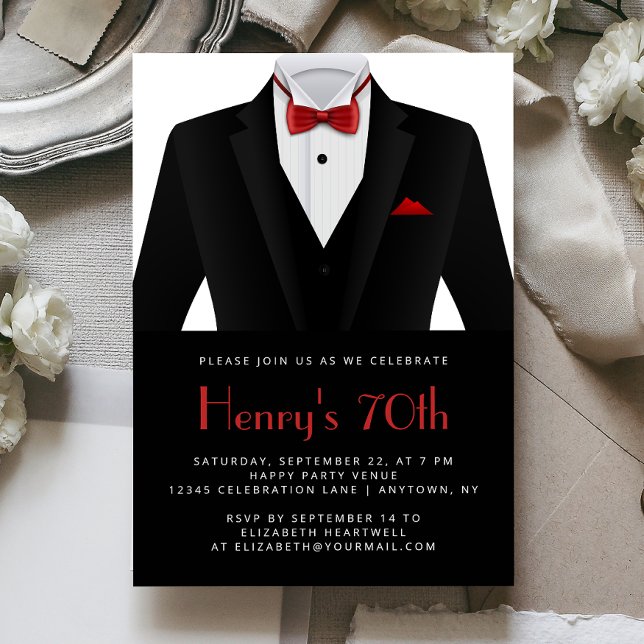 Invitation Black Red Tuxedo Mens 70th Birthday Party (Créateur téléchargé)