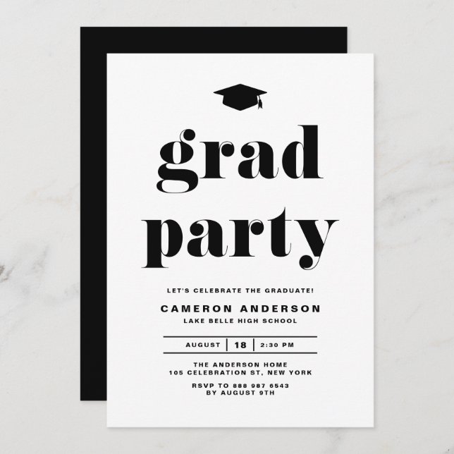 Invitation Black Retro Bold Typographie Partie de graduation (Devant / Derrière)