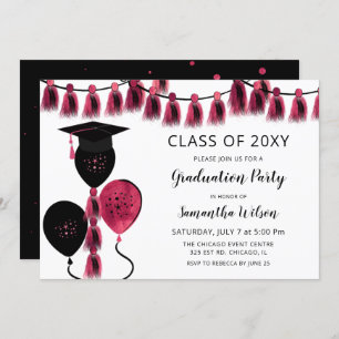 Invitation Black Rose Ballons Grad Casquette fête de graduati