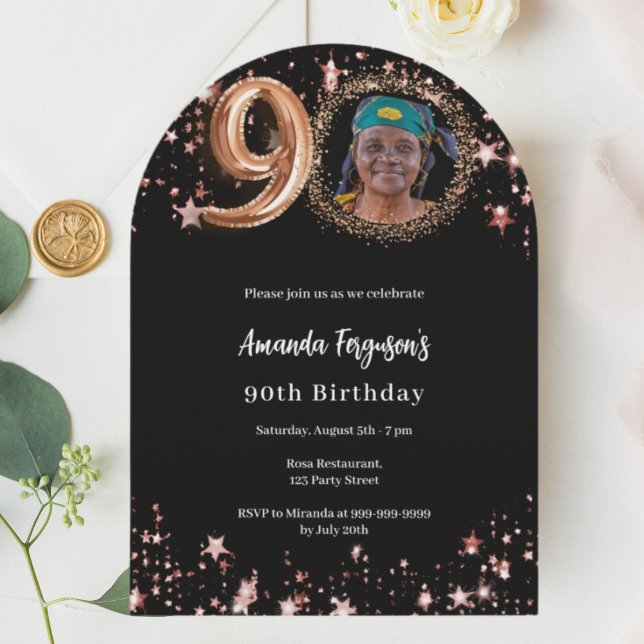 Invitation Black rose en or étoiles 90e anniversaire arc (Créateur téléchargé)