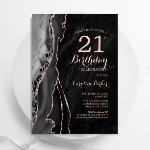 Invitation Black Rose Gold Agate 21e anniversaire