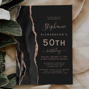 Invitation Black Rose Gold Agate Dark 50th Birthday Party