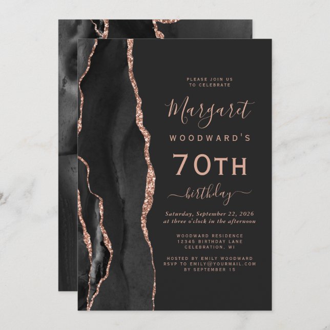 Invitation Black Rose Gold Agate Dark 70th Birthday Party (Devant / Derrière)
