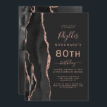 Invitation Black Rose Gold Agate Dark 80th Birthday Party<br><div class="desc">Le bord gauche de cette élégante invitation à la fête d'anniversaire moderne comporte une bordure en aquarelle noire ornée d'une parties scintillant en or rose. Le texte personnalisable combine écriture rose rose, cuivre et polices italiques sur un arrière - plan noir ardoise. L'envers présente un design d'agate d'or noir et...</div>