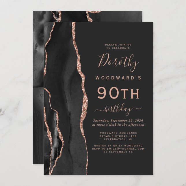 Invitation Black Rose Gold Agate Dark 90e fête d'anniversaire (Devant / Derrière)