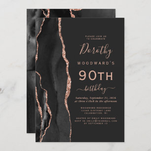Invitation Black Rose Gold Agate Dark 90e fête d'anniversaire