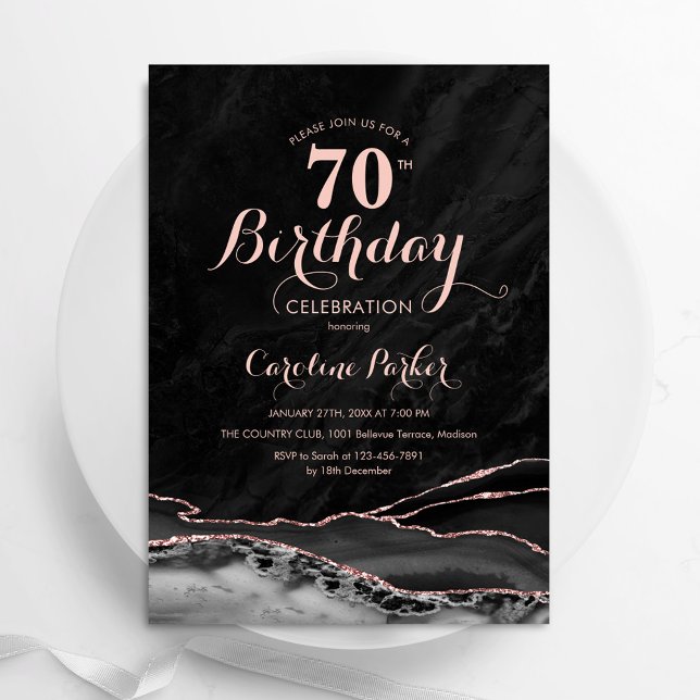 Invitation Black Rose Gold Agate Marbre 70e anniversaire (Créateur téléchargé)