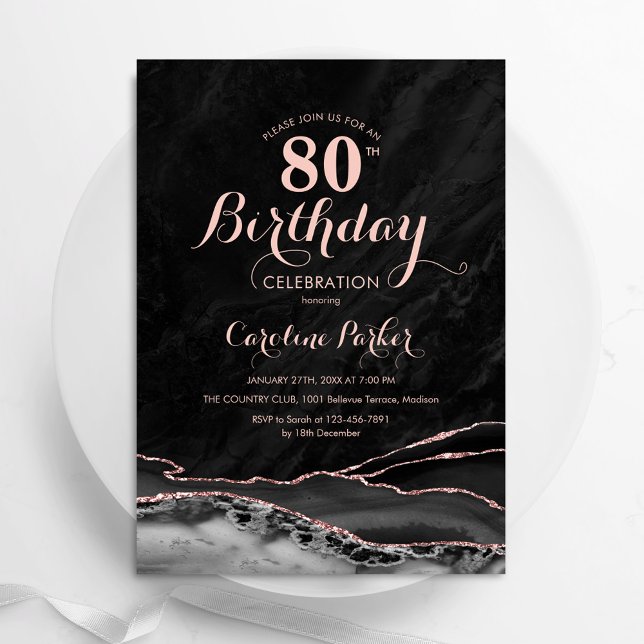 Invitation Black Rose Gold Agate Marbre 80e anniversaire (Créateur téléchargé)