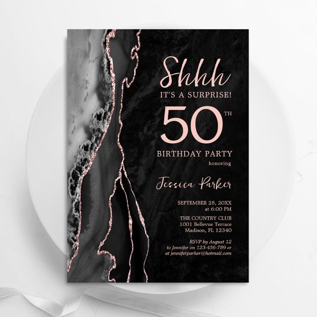 Invitation Black Rose Gold Agate Surprise 50e anniversaire (Créateur téléchargé)