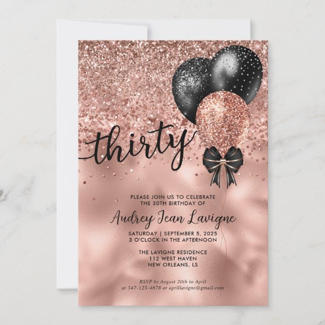Invitation Black Rose Gold Bloon Bow Parties scintillant 30e  (Devant)