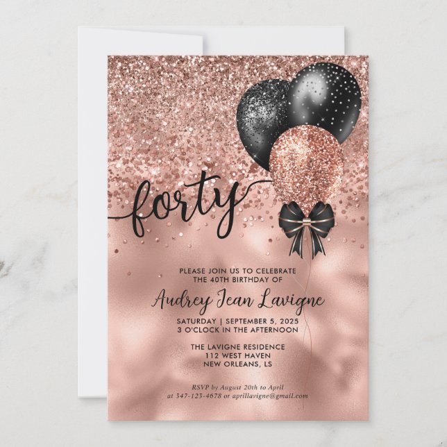 Invitation Black Rose Gold Bloon Bow Parties scintillant 40e  (Devant)