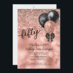 Invitation Black Rose Gold Bloon Bow Parties scintillant 50e<br><div class="desc">Glam noir rose rose rose Parties scintillant dorée étincelle Confetti Ribbon ballon 50e anniversaire Invitation</div>