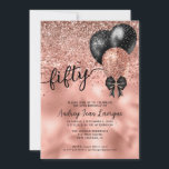 Invitation Black Rose Gold Bloon Bow Parties scintillant 50e<br><div class="desc">Glam noir rose rose rose Parties scintillant dorée étincelle Confetti Ribbon ballon 50e anniversaire Invitation</div>