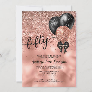 Invitation Black Rose Gold Bloon Bow Parties scintillant 50e 