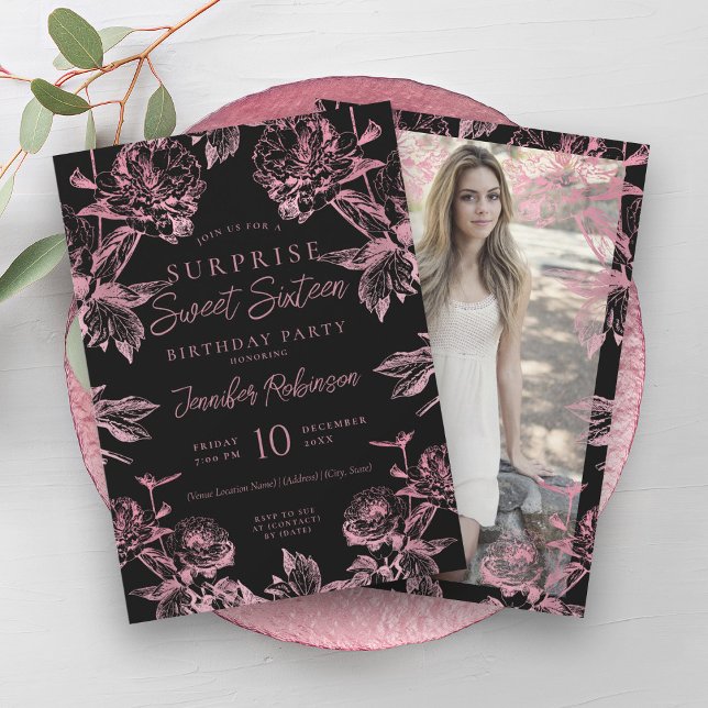 Invitation Black Rose Gold Floral Photo SURPRISE Sweet 16 (Black Rose Gold Floral Photo SURPRISE Sweet 16 Invitation)